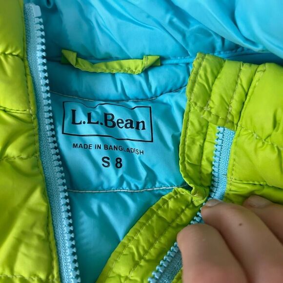 LL Bean Kids Large (8) Winter Down Vest - Bright Green & Blue - Downtek Unisex - Picture 4 of 5